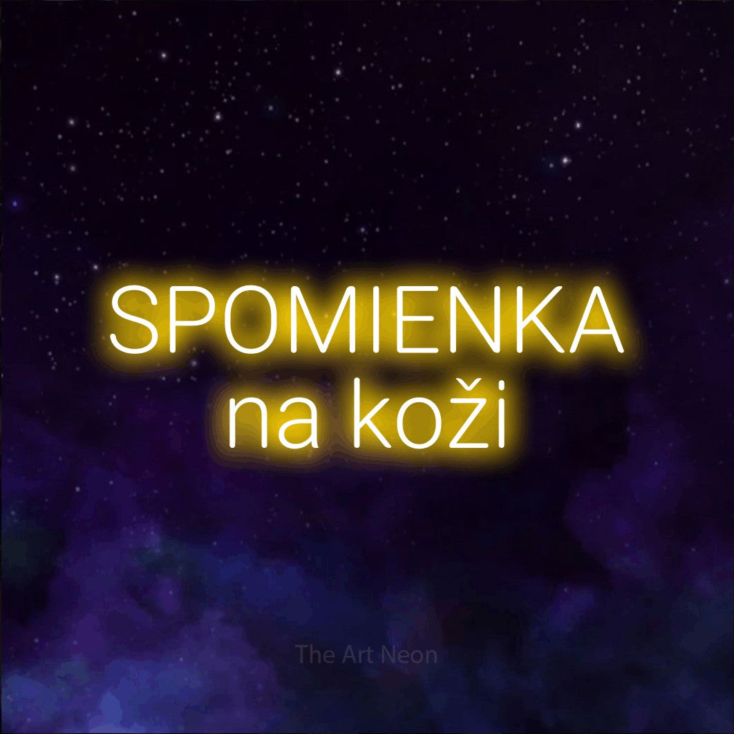LED neon sign reading “SPOMIENKA na koži”, arranged in two lines.