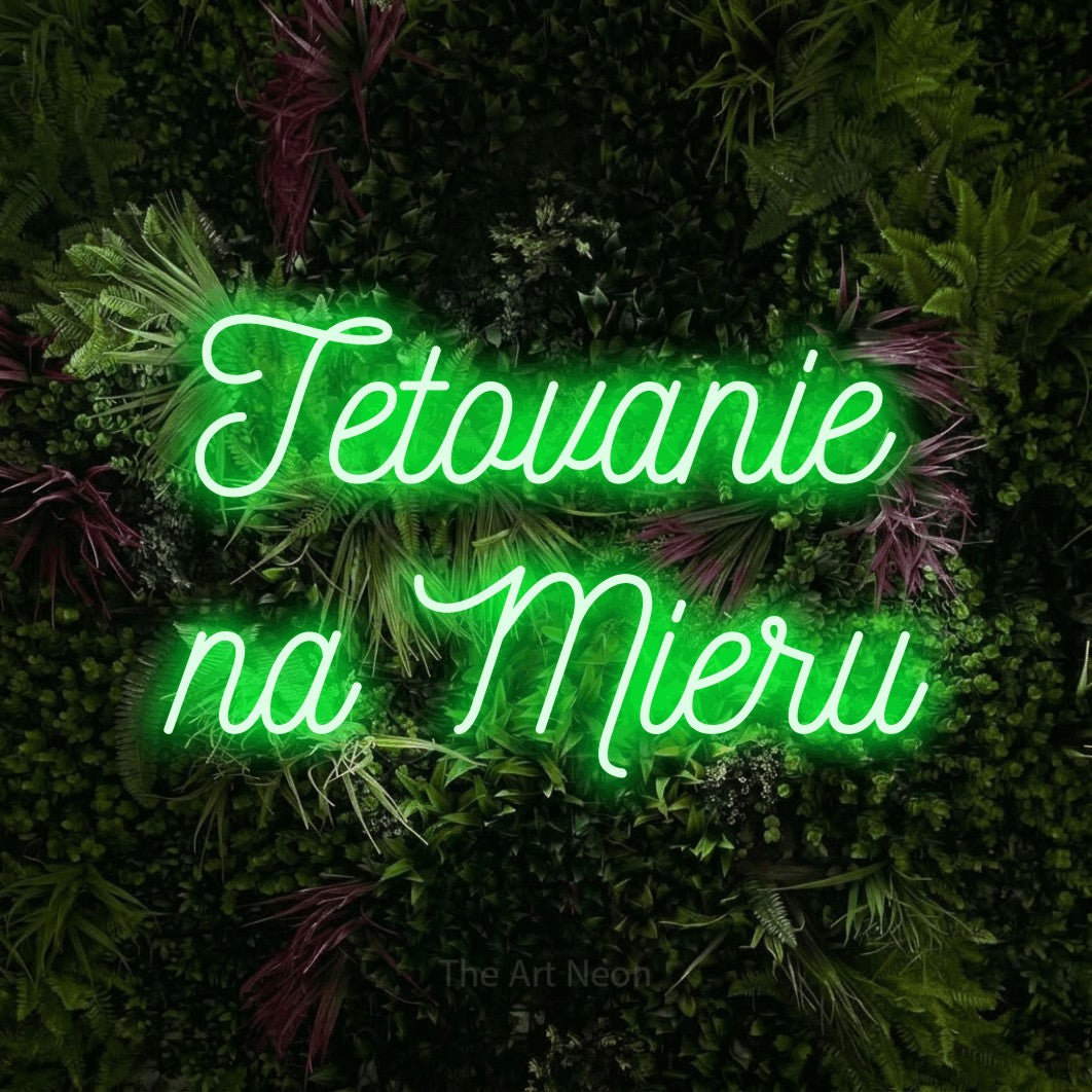 LED neon sign reading “Tetovanie na Mieru”, arranged in two lines.