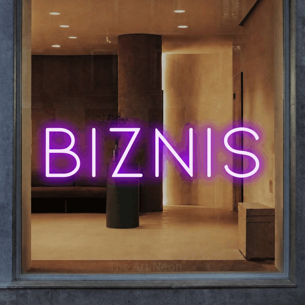 LED neon sign reading “Biznis”, arranged in a single line.