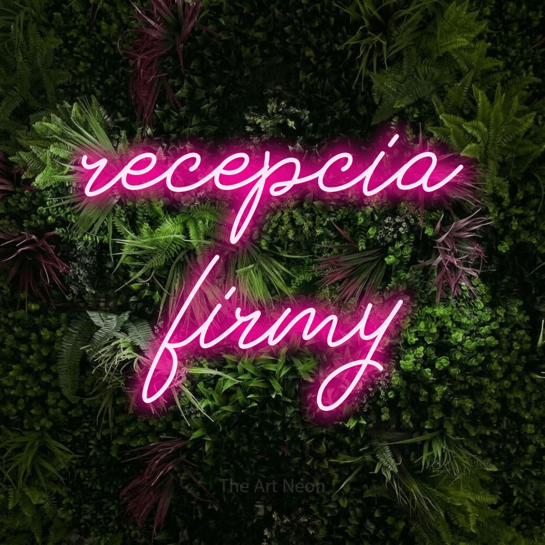 LED neon sign reading “recepcia firmy”, arranged in two lines.