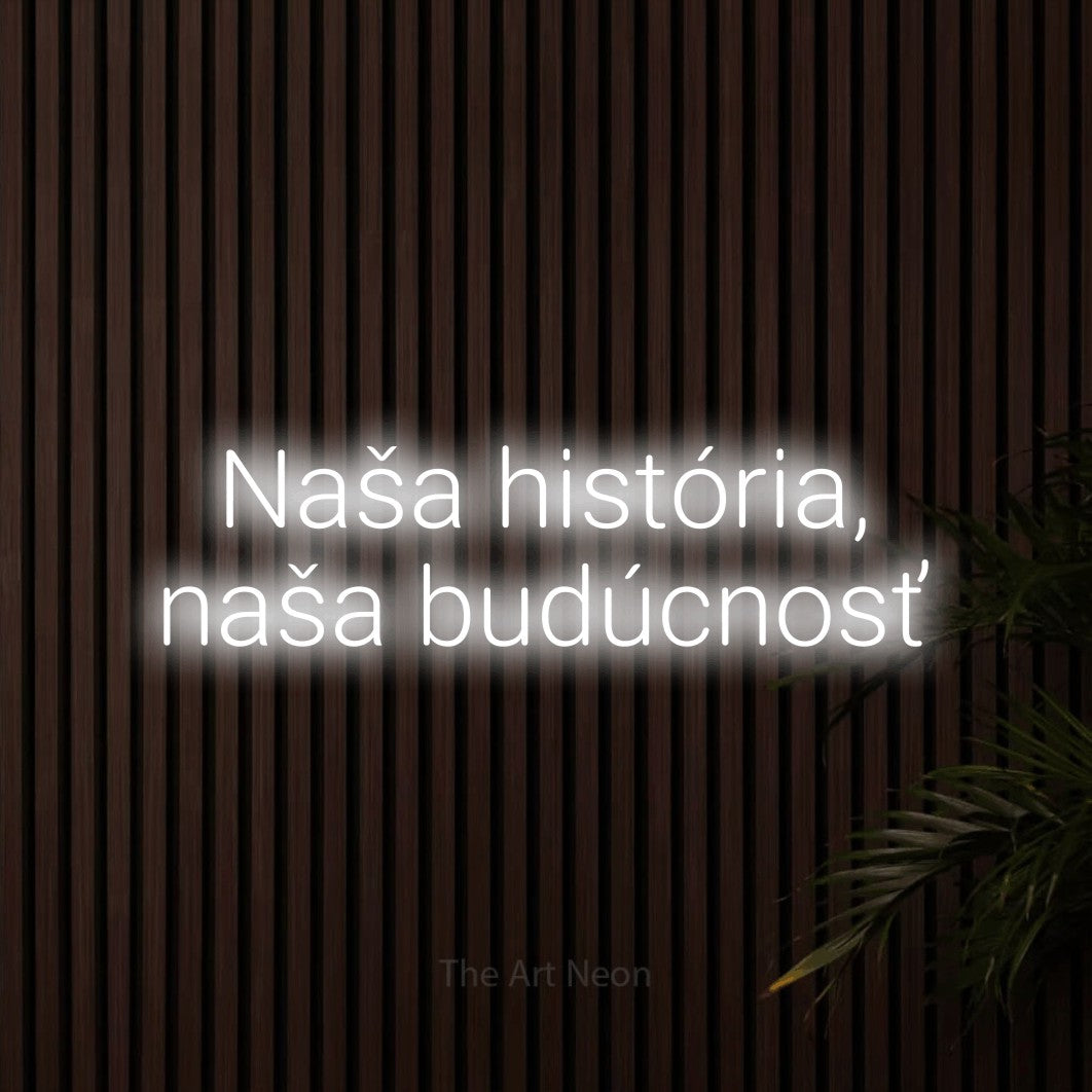 LED neon sign reading “Naša história, naša budúcnosť”, arranged in two lines.