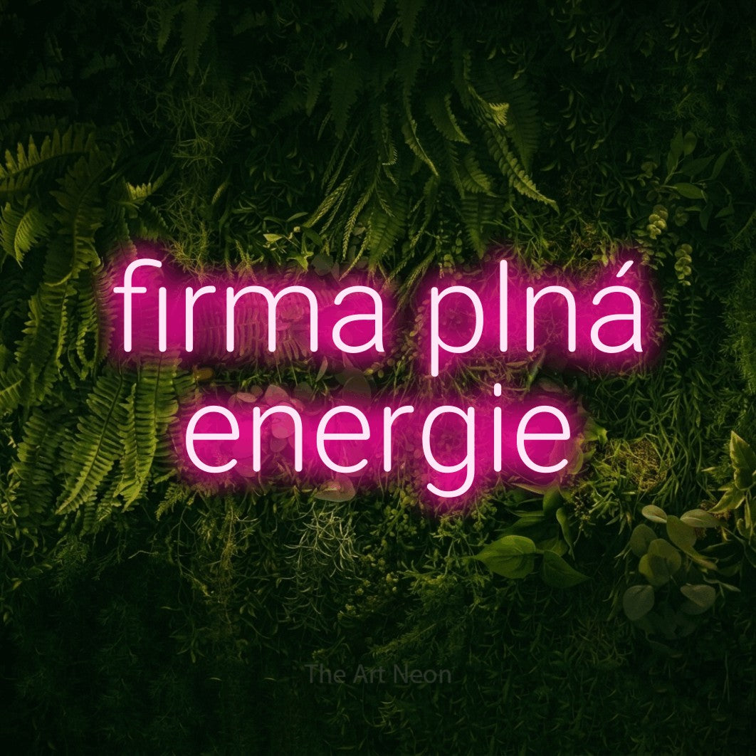 LED neon sign reading “firma plná energie”, arranged in two lines.