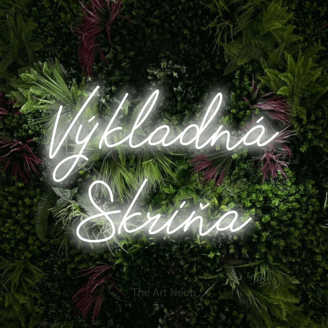 LED neon sign reading “Výkladná Skriňa”, arranged in two lines.