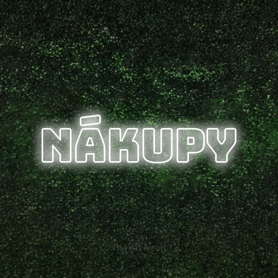 LED neon sign reading “nákupy”, arranged in a single line.