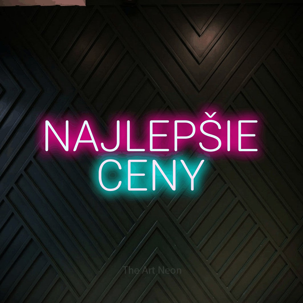 LED neon sign reading “NAJLEPŠIE CENY”, arranged in two lines.