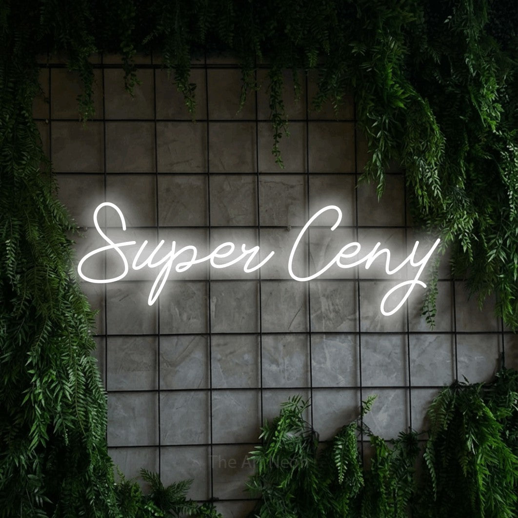 LED neon sign reading “Super Ceny”, arranged in a single line.