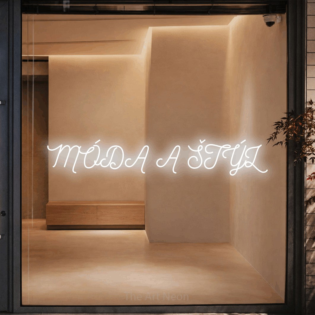 LED neon sign reading “MÓDA A ŠTÝL”, arranged in a single line.