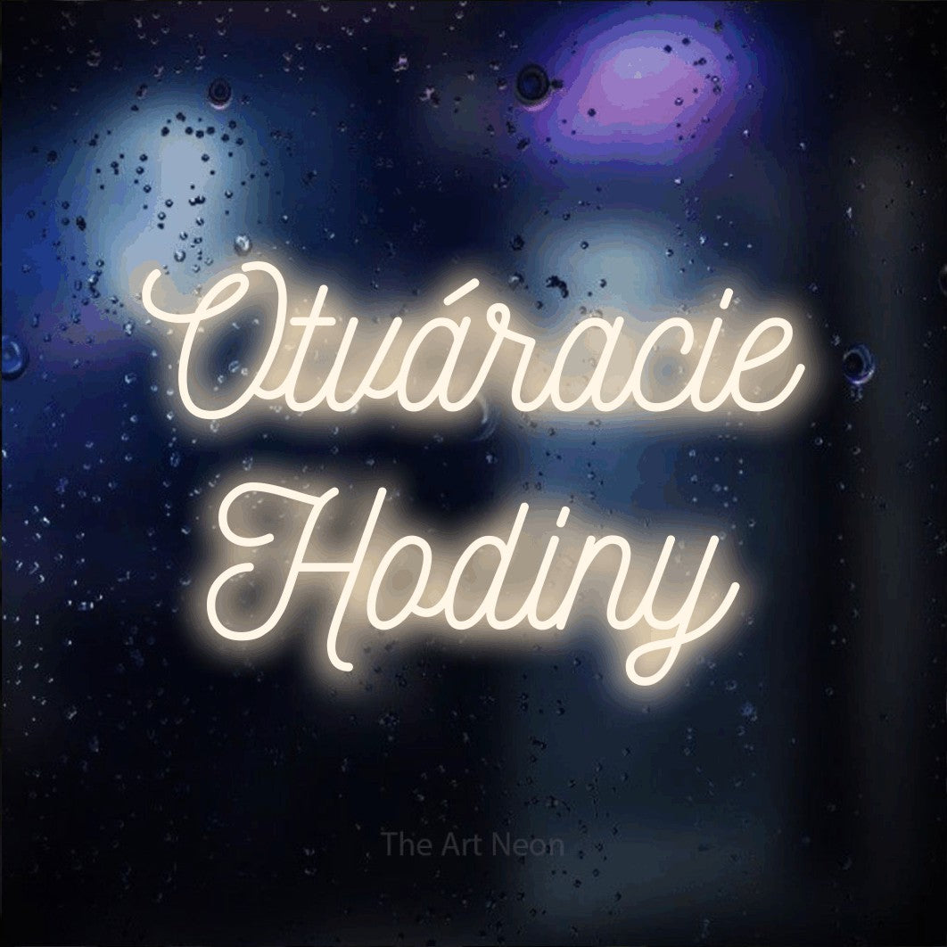 LED neon sign reading “Otváracie Hodiny”, arranged in two lines.