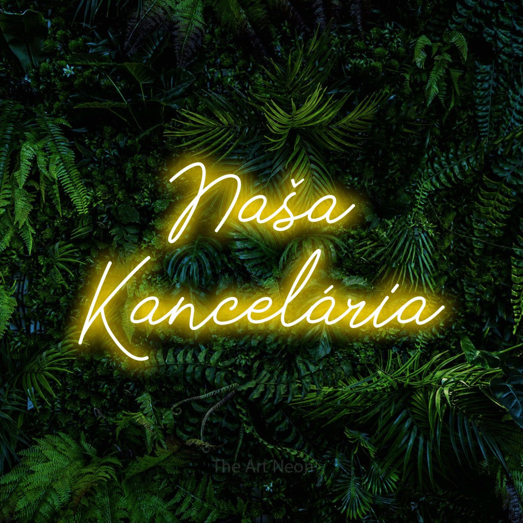 LED neon sign reading “Naša Kancelária”, arranged in two lines.
