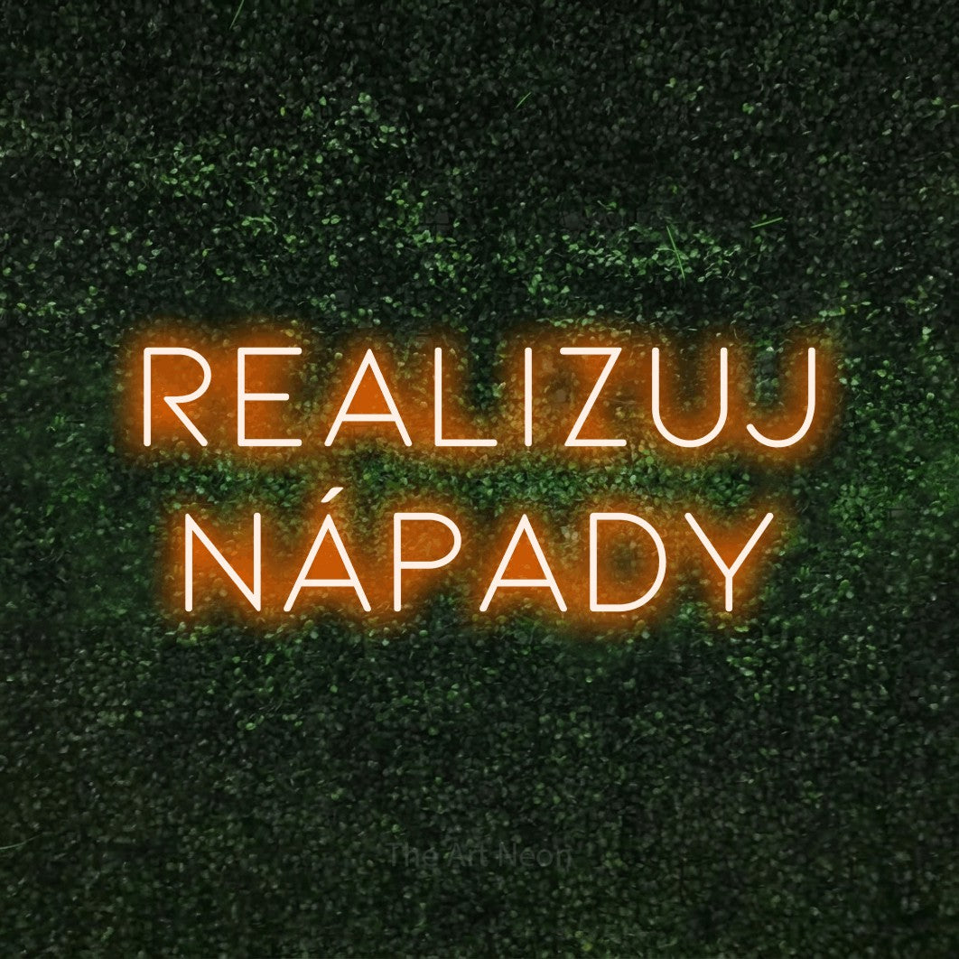 LED neon sign reading “Realizuj Nápady”, arranged in two lines.