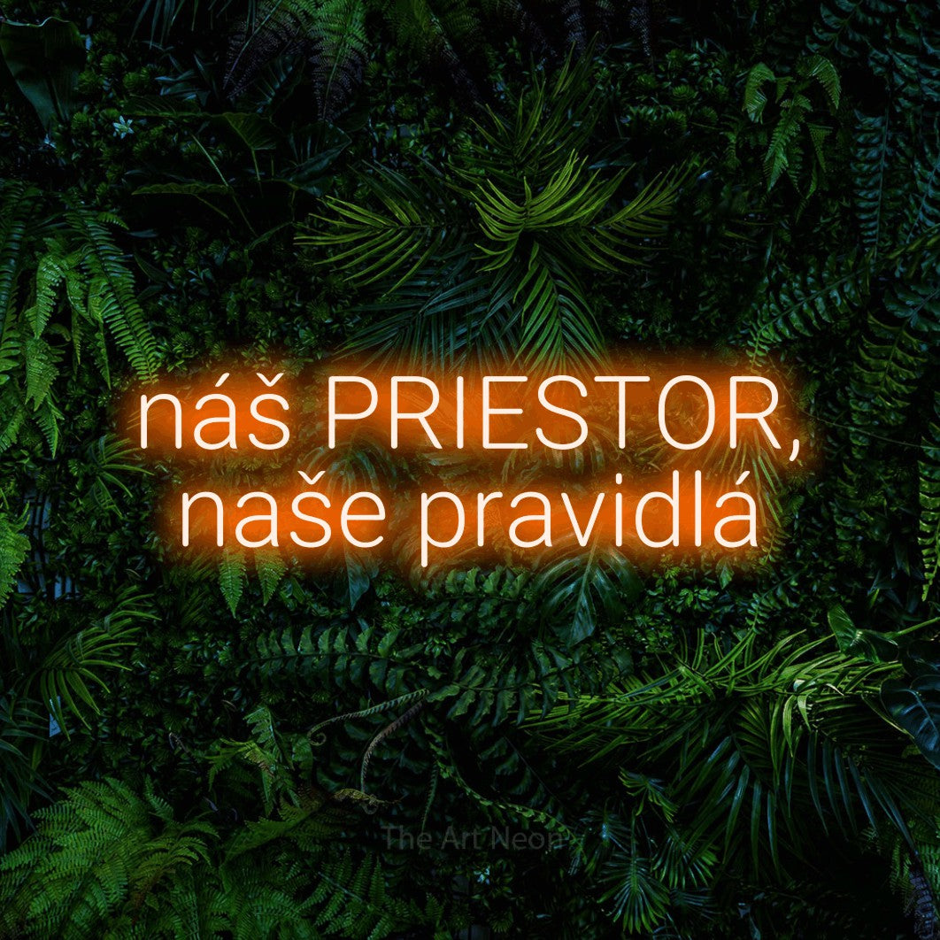 LED neon sign reading “náš PRIESTOR, naše pravidlá”, arranged in two lines.