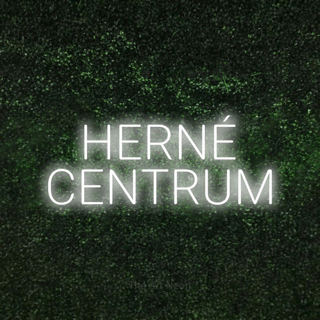 LED neon sign reading “HERNÉ CENTRUM”, arranged in two lines.
