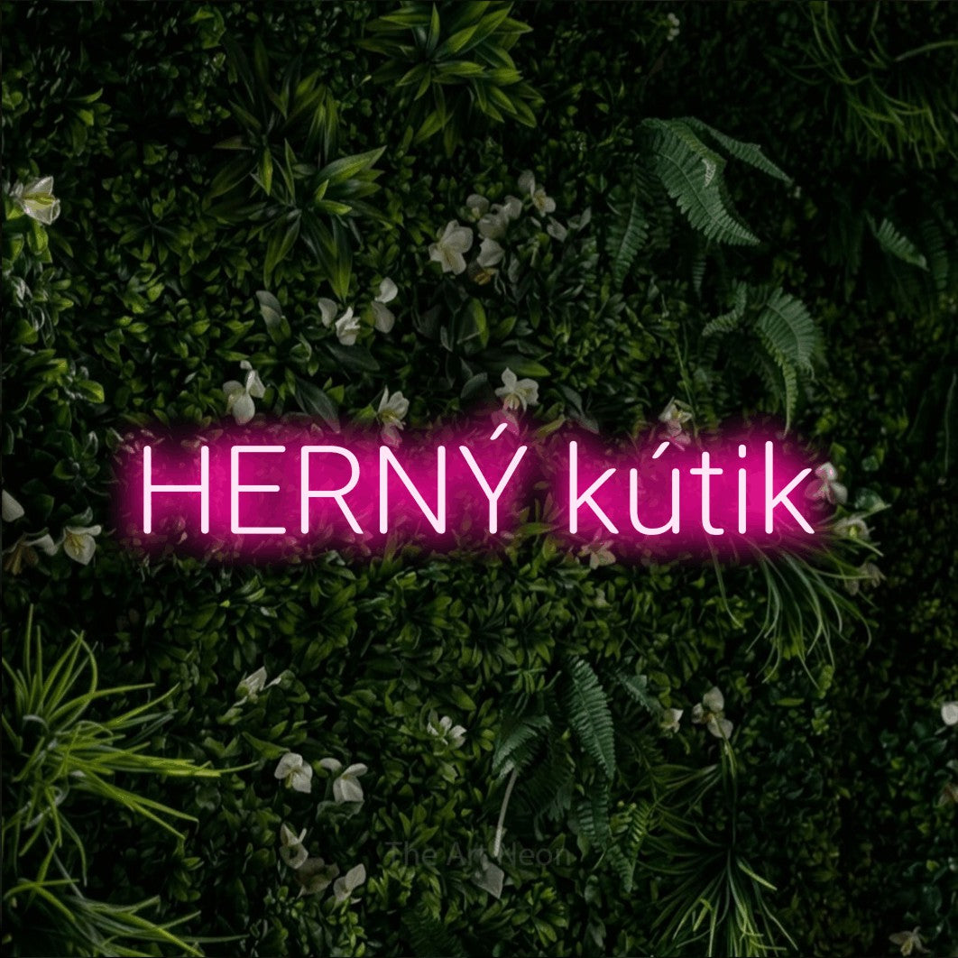 LED neon sign reading “HERNÝ kútik”, arranged in a single line.