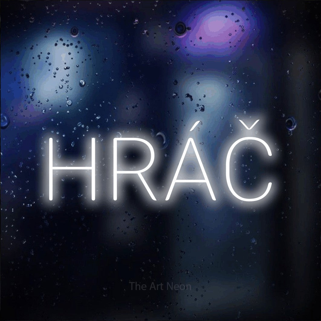 LED neon sign reading “HRÁČ”, arranged in a single line.