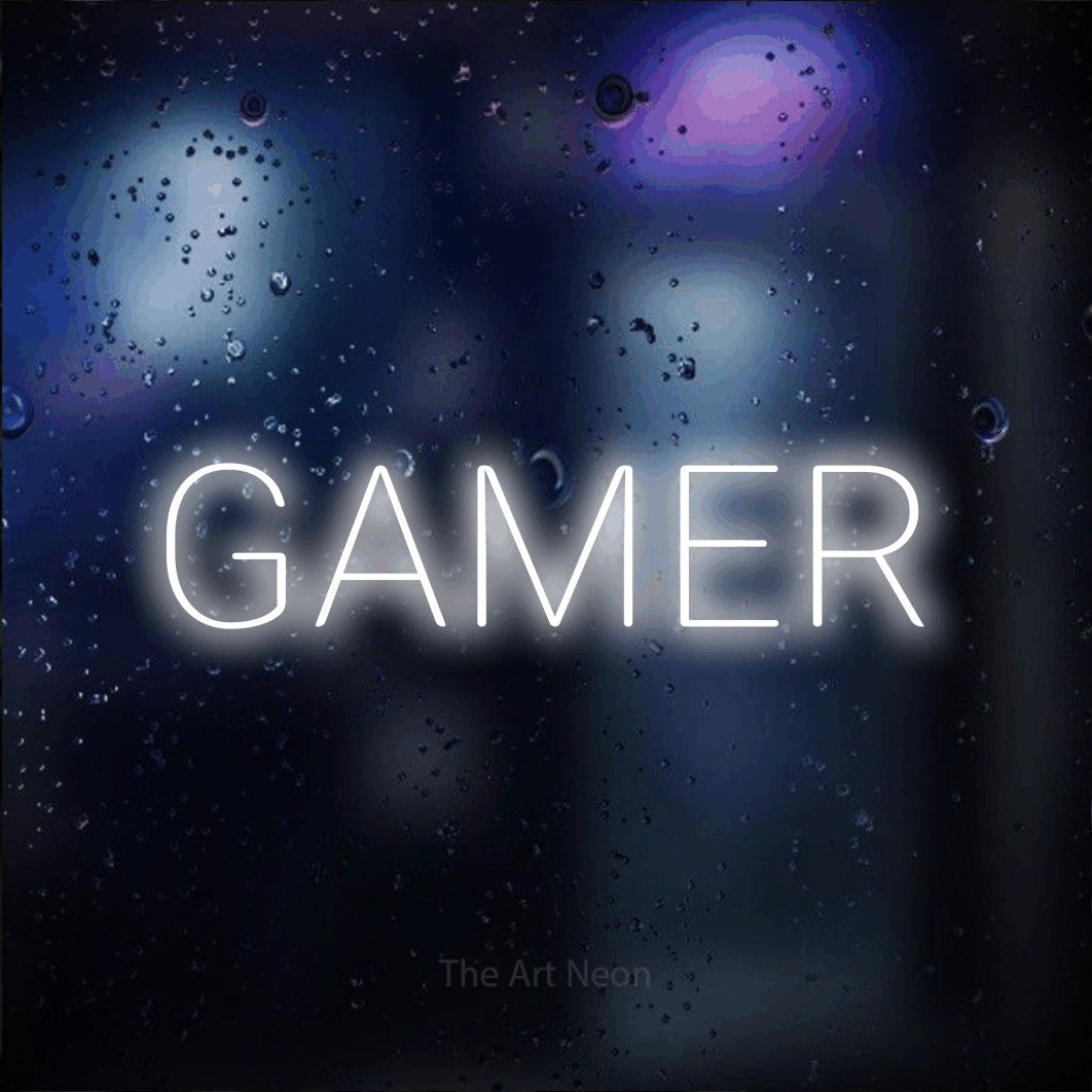 LED neon sign reading “GAMER”, arranged in a single line.