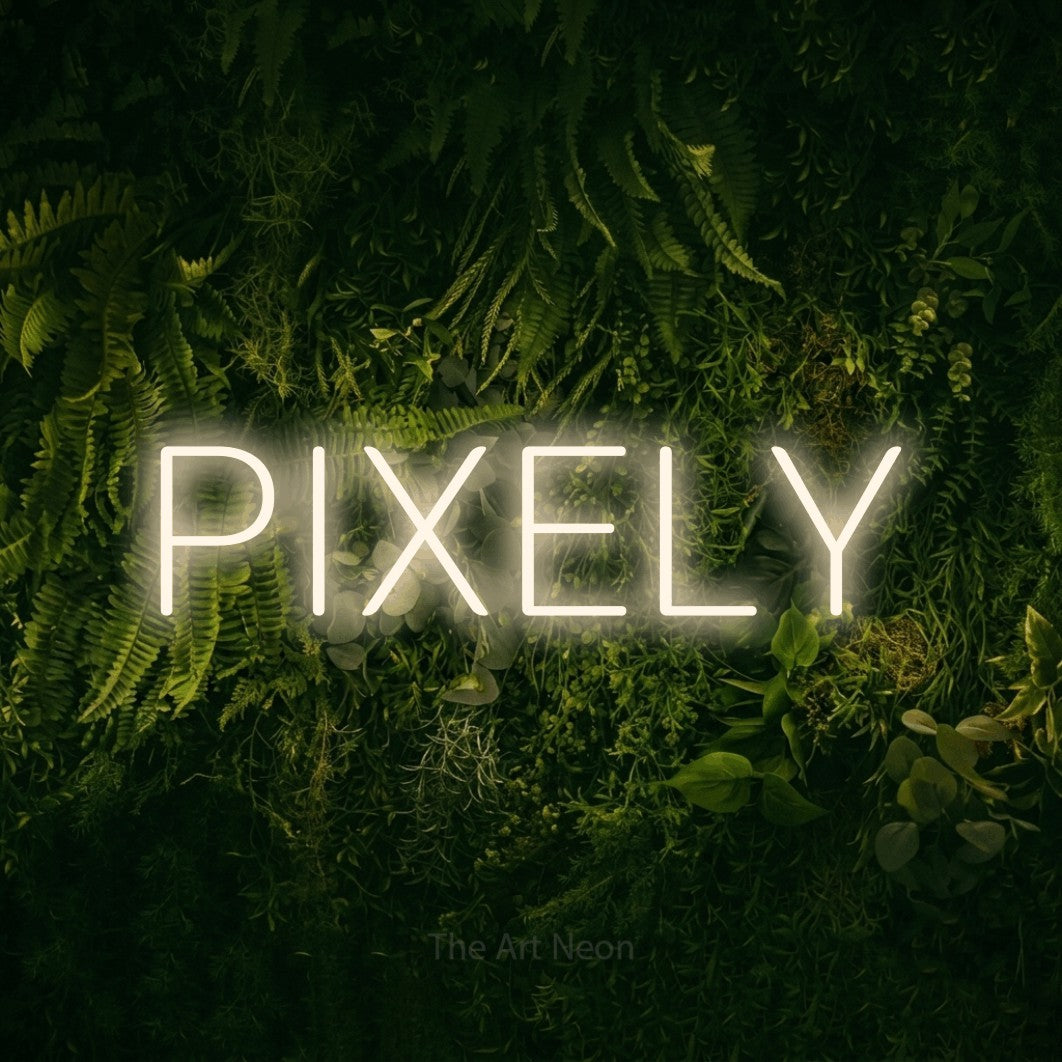 LED neon sign reading “PIXELY”, arranged in a single line.