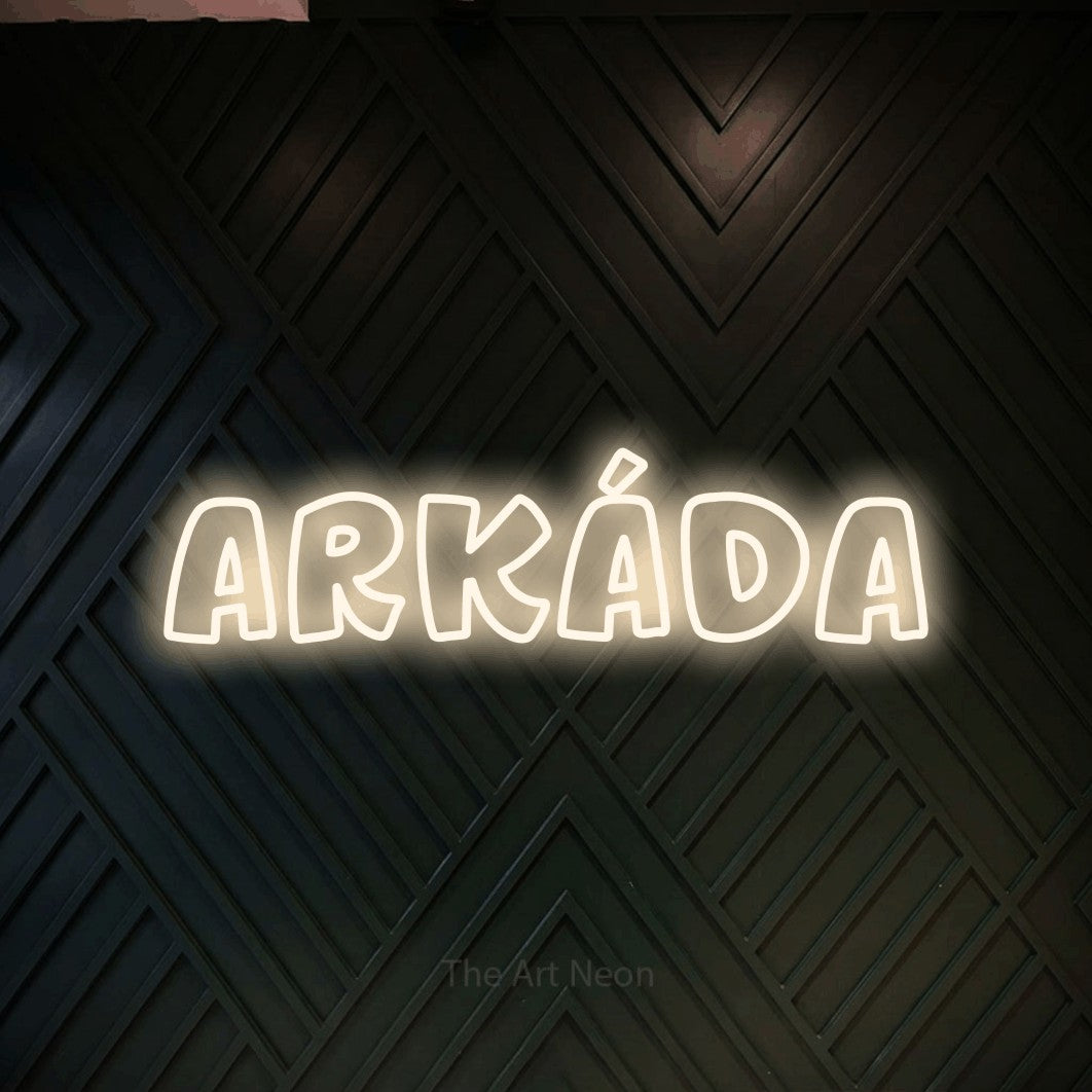 LED neon sign reading “Arkáda”, arranged in a single line.