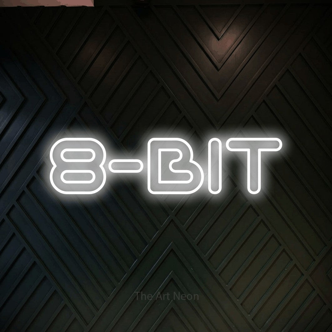 LED neon sign reading “8-BIT”, arranged in a single line.
