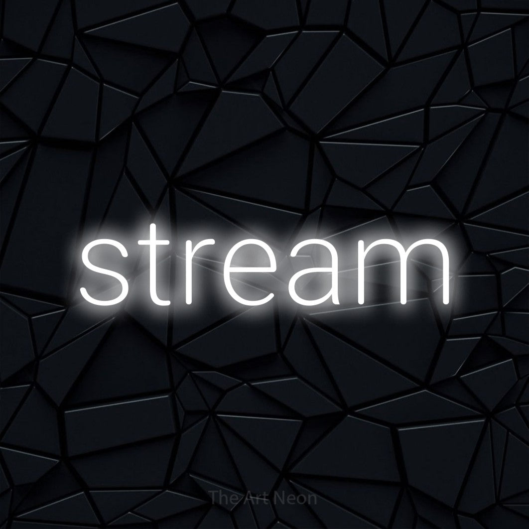 LED neon sign reading “stream”, arranged in a single line.