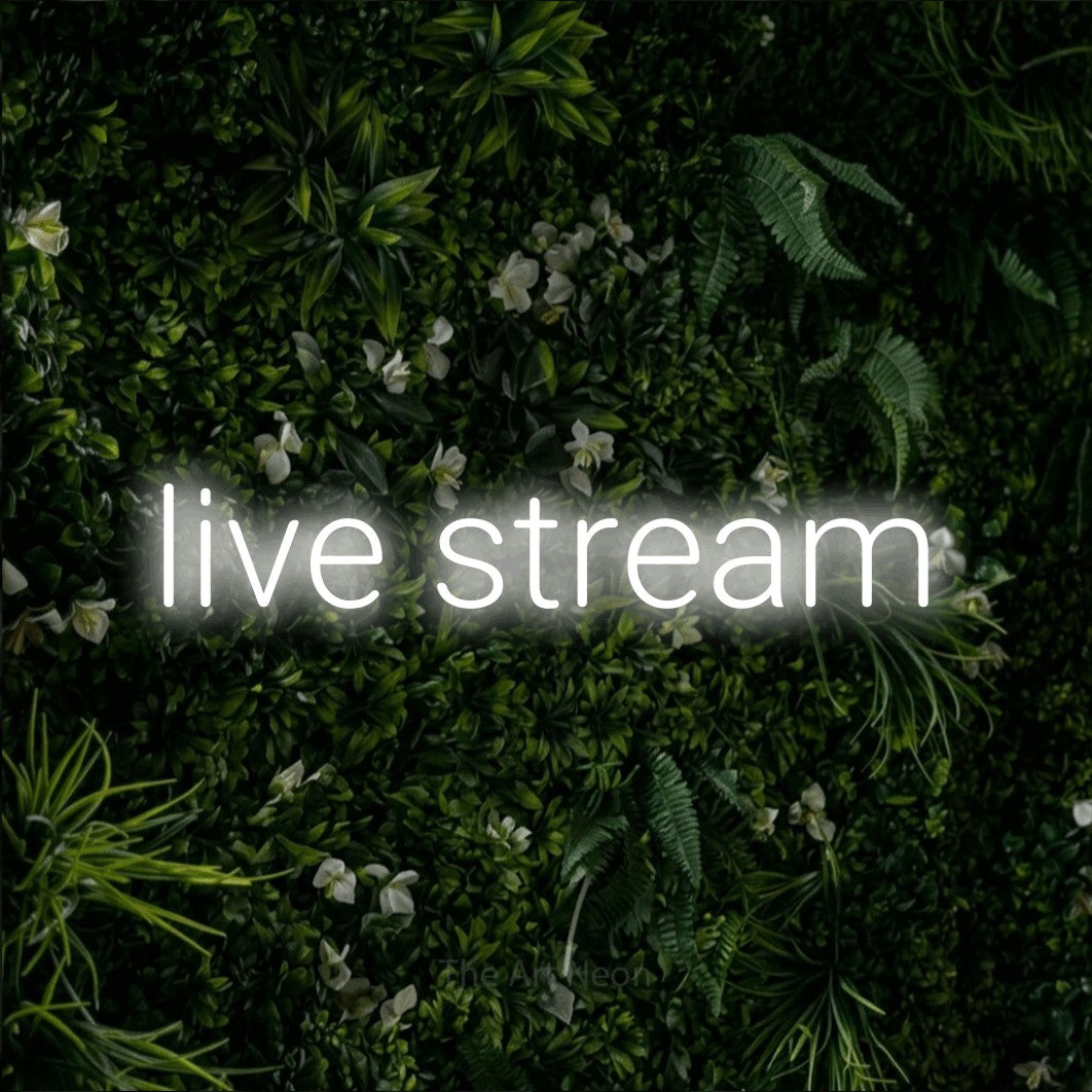 LED neon sign reading “live stream”, arranged in a single line.