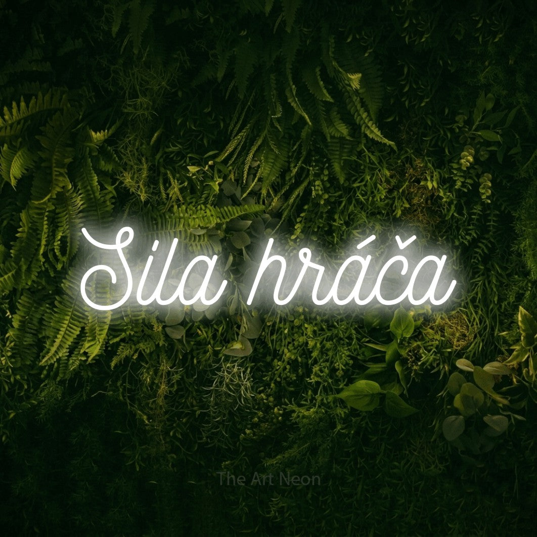 LED neon sign reading “Sila hráča”, arranged in a single line.