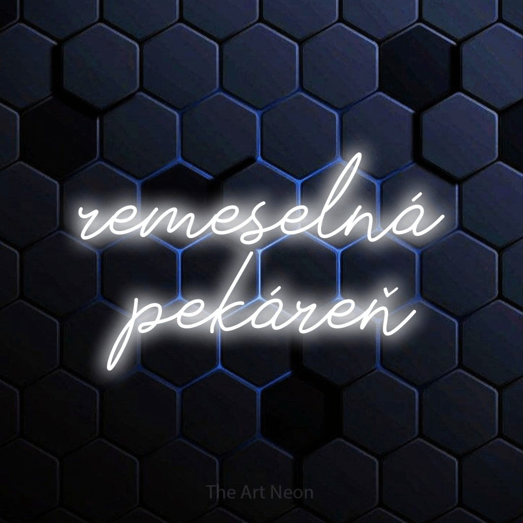 LED neon sign reading “remeselná pekáreň”, arranged in two lines.