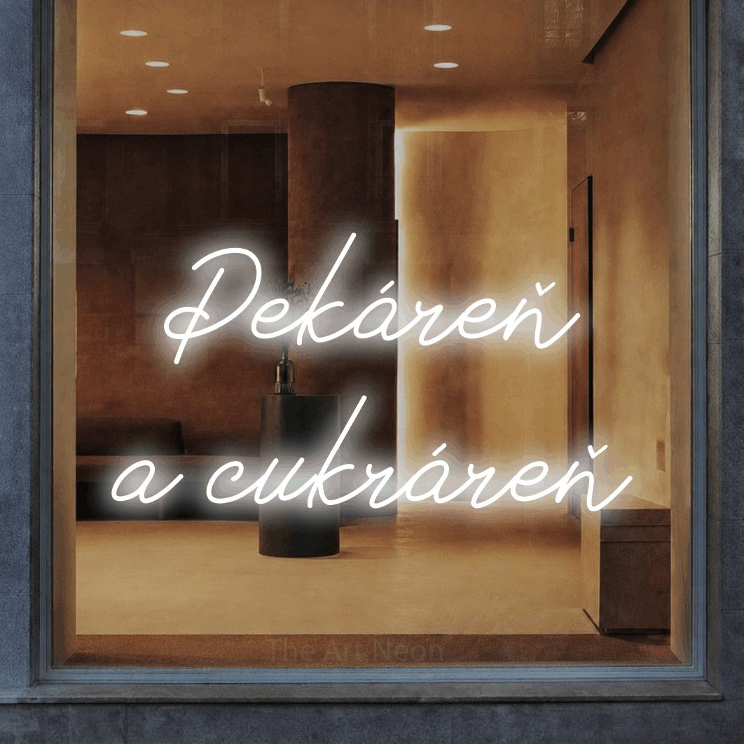 LED neon sign reading “Pekáreň a cukráreň”, arranged in two lines.