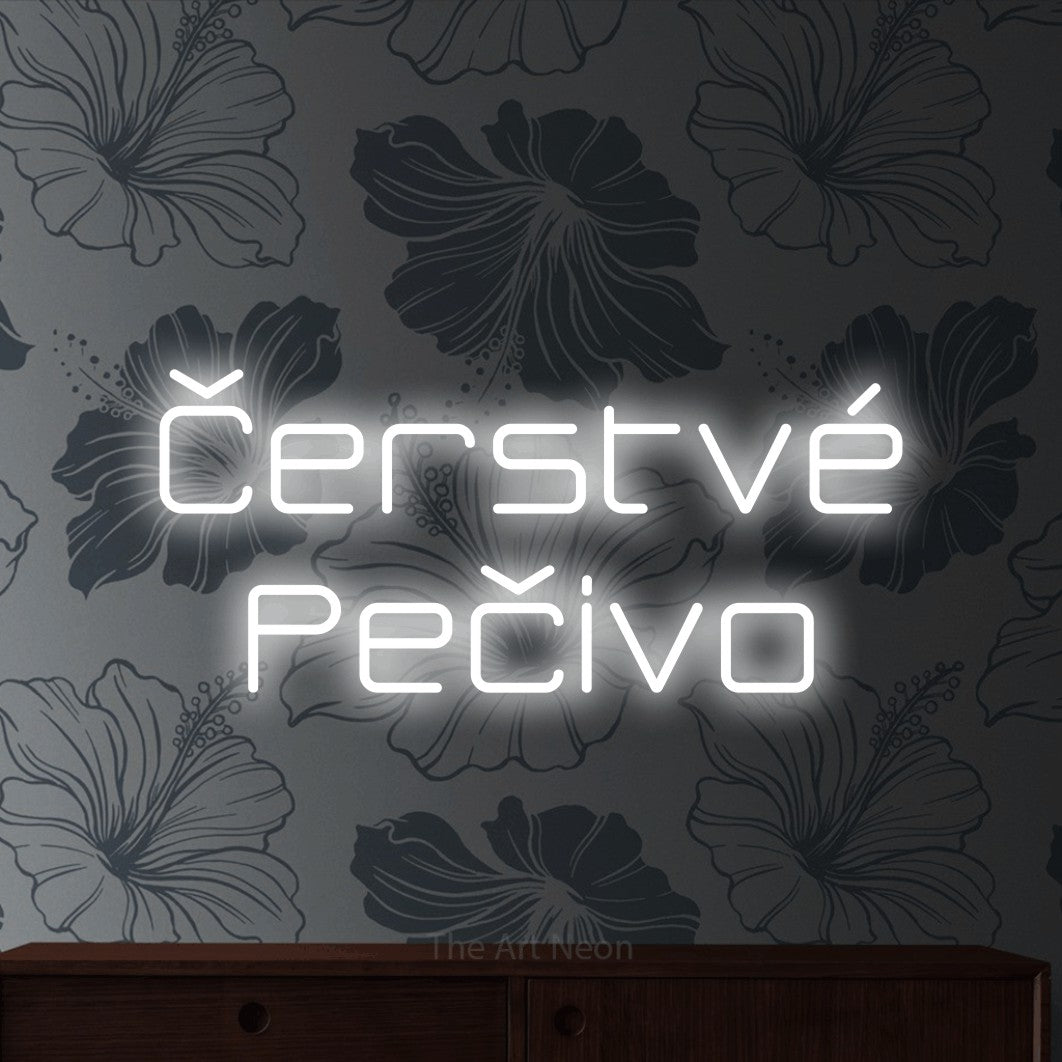 LED neon sign reading “Čerstvé Pečivo”, arranged in two lines.