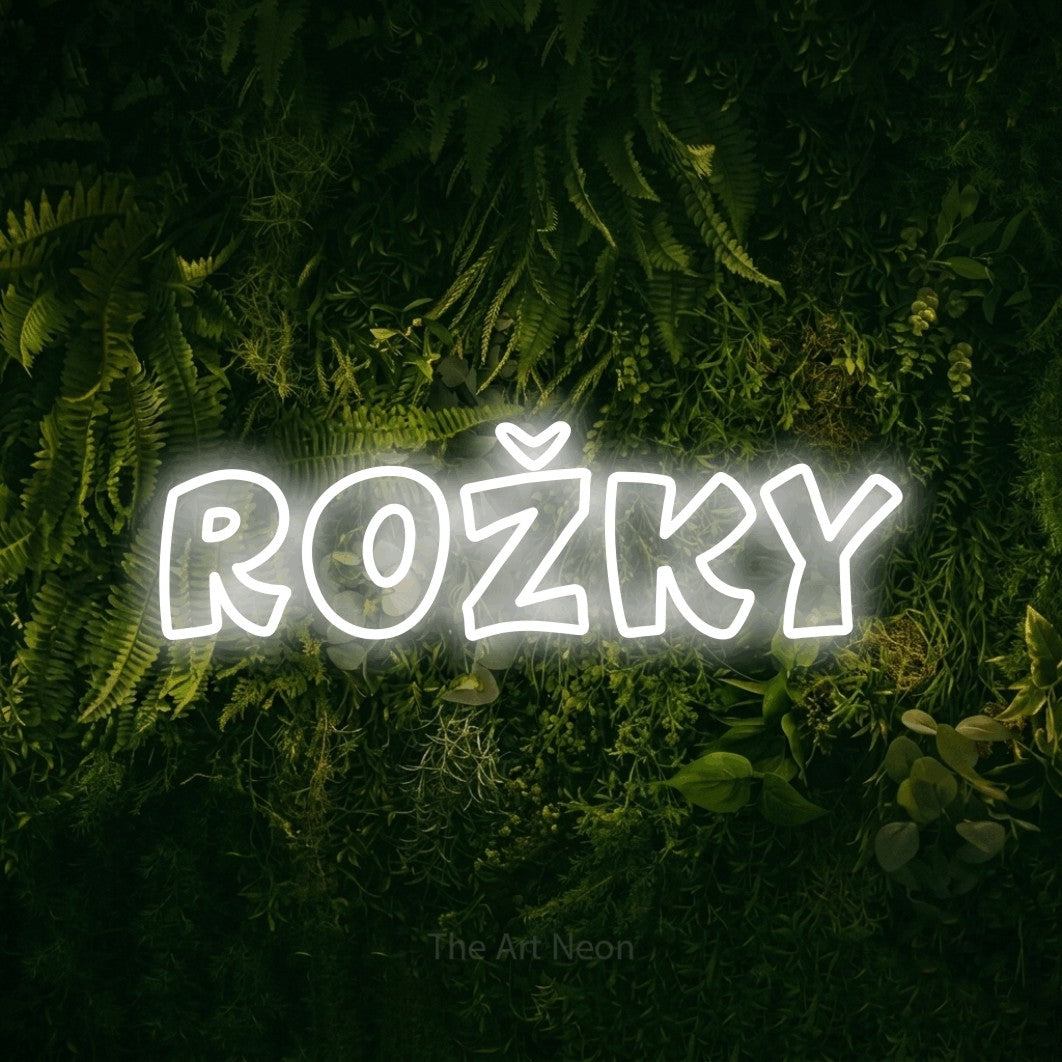 LED neon sign reading “ROŽKY”, arranged in a single line.