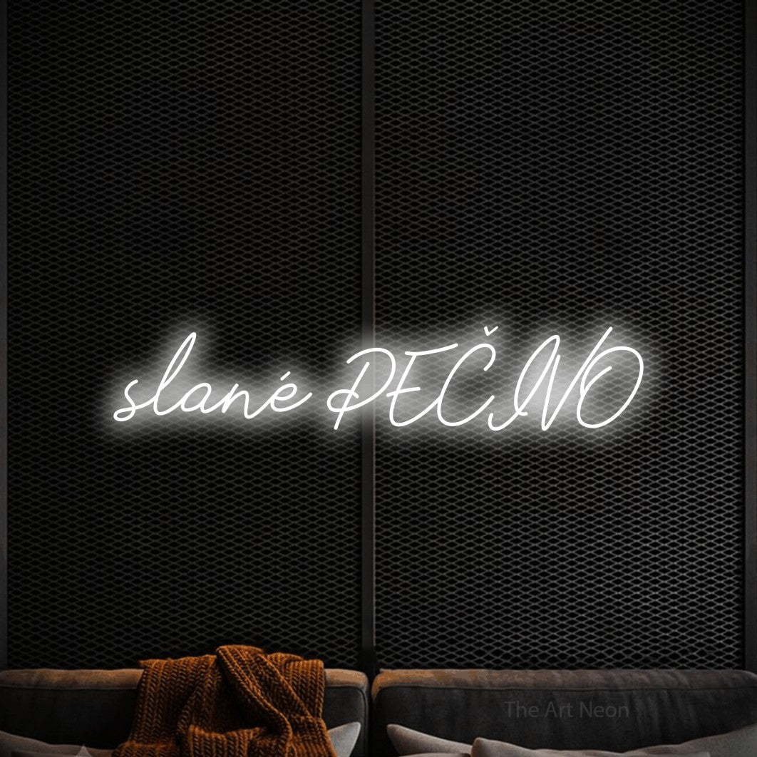 LED neon sign reading “slané PEČIVO”, arranged in a single line.