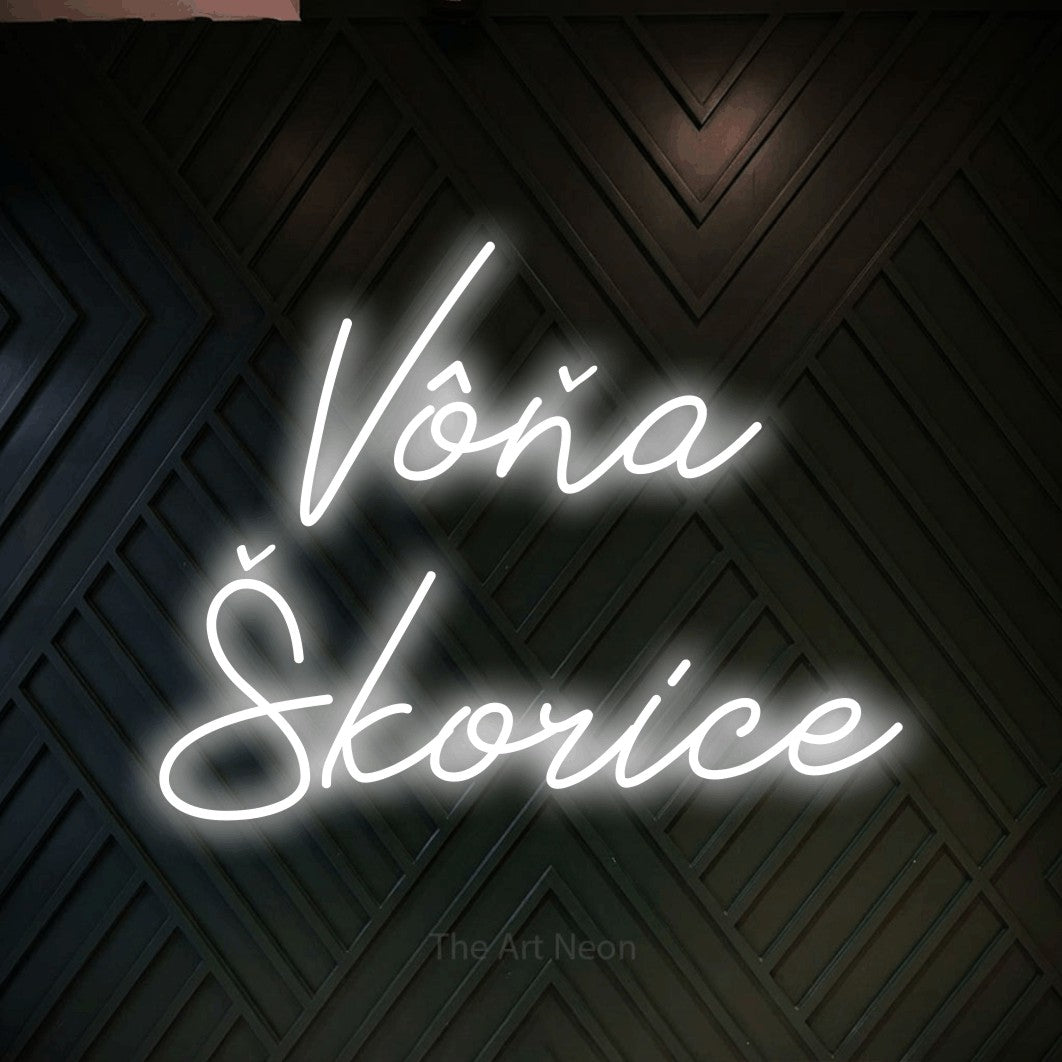 LED neon sign reading “Vôňa Škorice”, arranged in two lines.