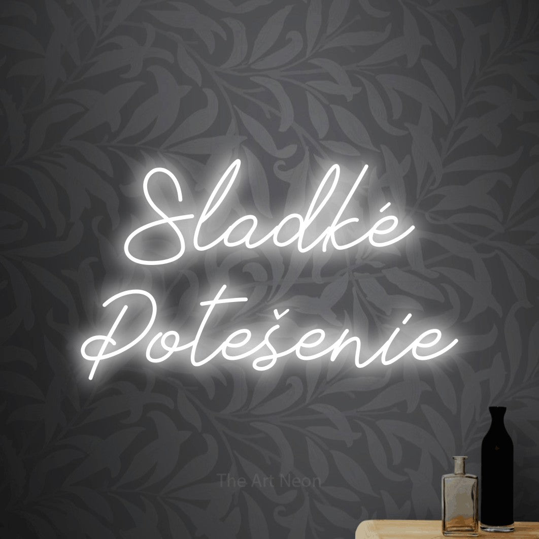 LED neon sign reading “Sladké Potešenie”, arranged in two lines.