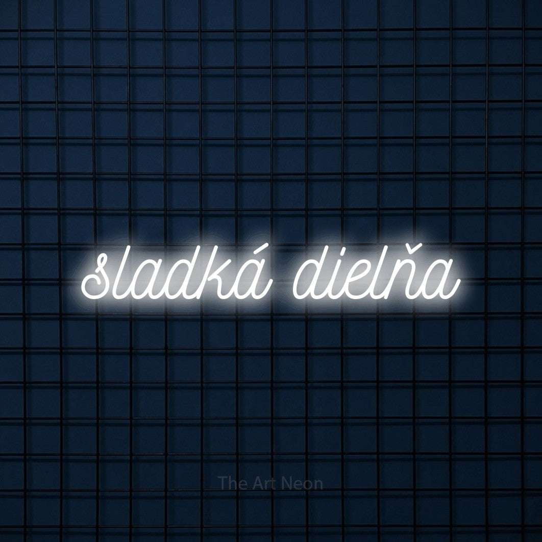 LED neon sign reading “sladká dielňa”, arranged in a single line.