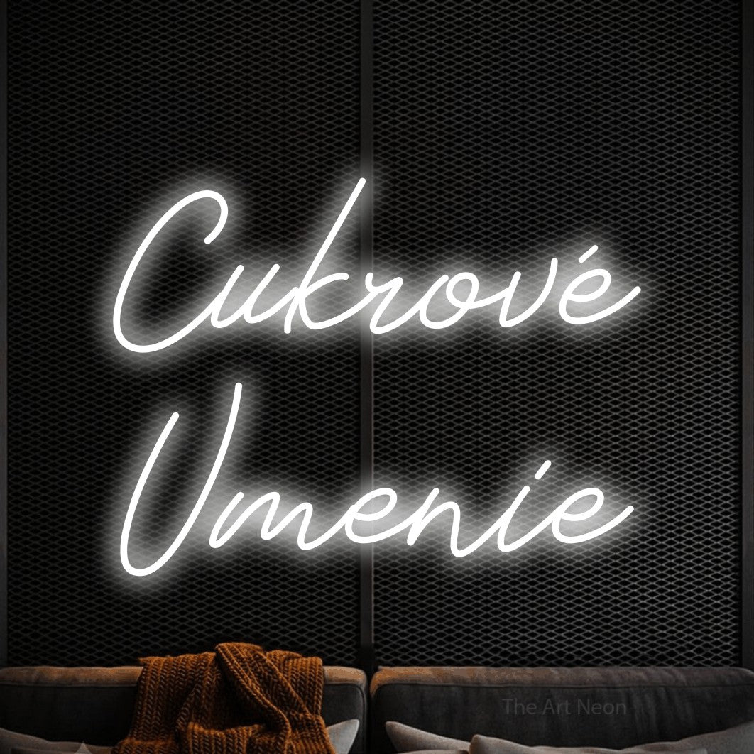 LED neon sign reading “Cukrové Umenie”, arranged in two lines.
