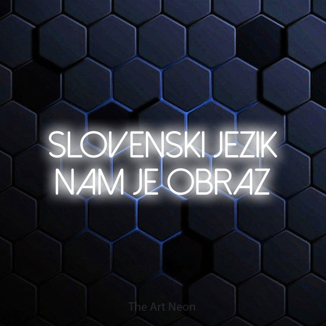 LED neon sign reading “slovenski jezik nam je obraz”, arranged in two lines.