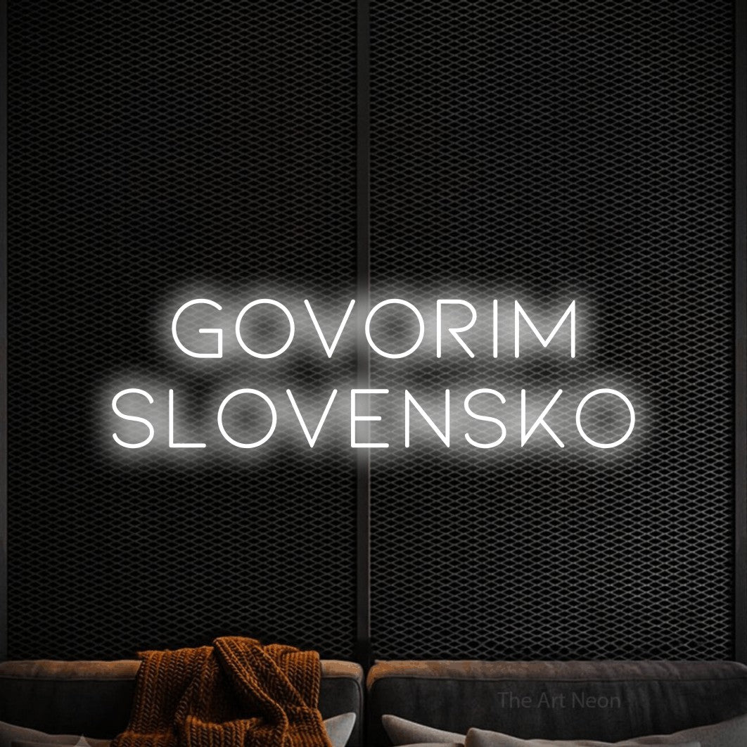 LED neon sign reading “GOVORIM SLOVENSKO”, arranged in two lines.