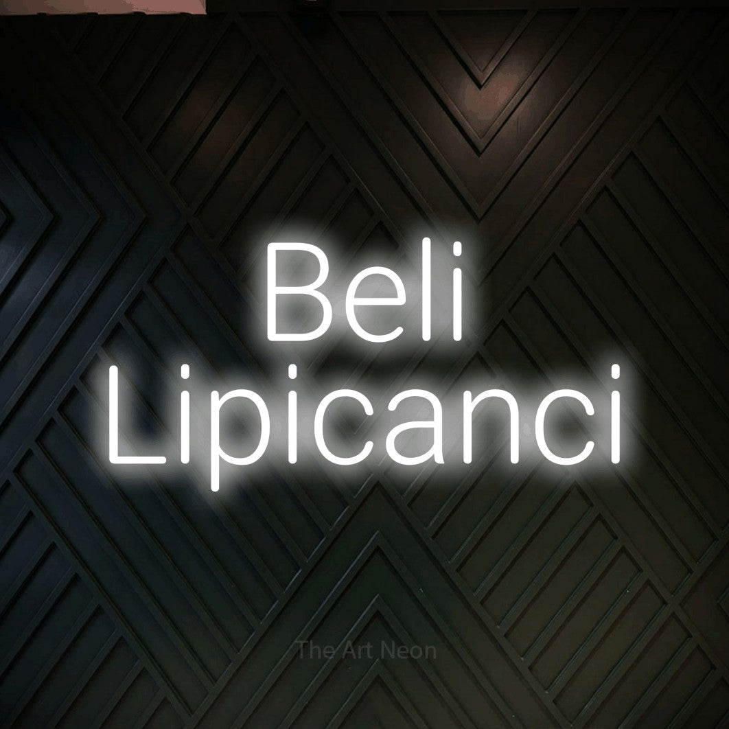 LED neon sign reading “Beli Lipicanci”, arranged in two lines.