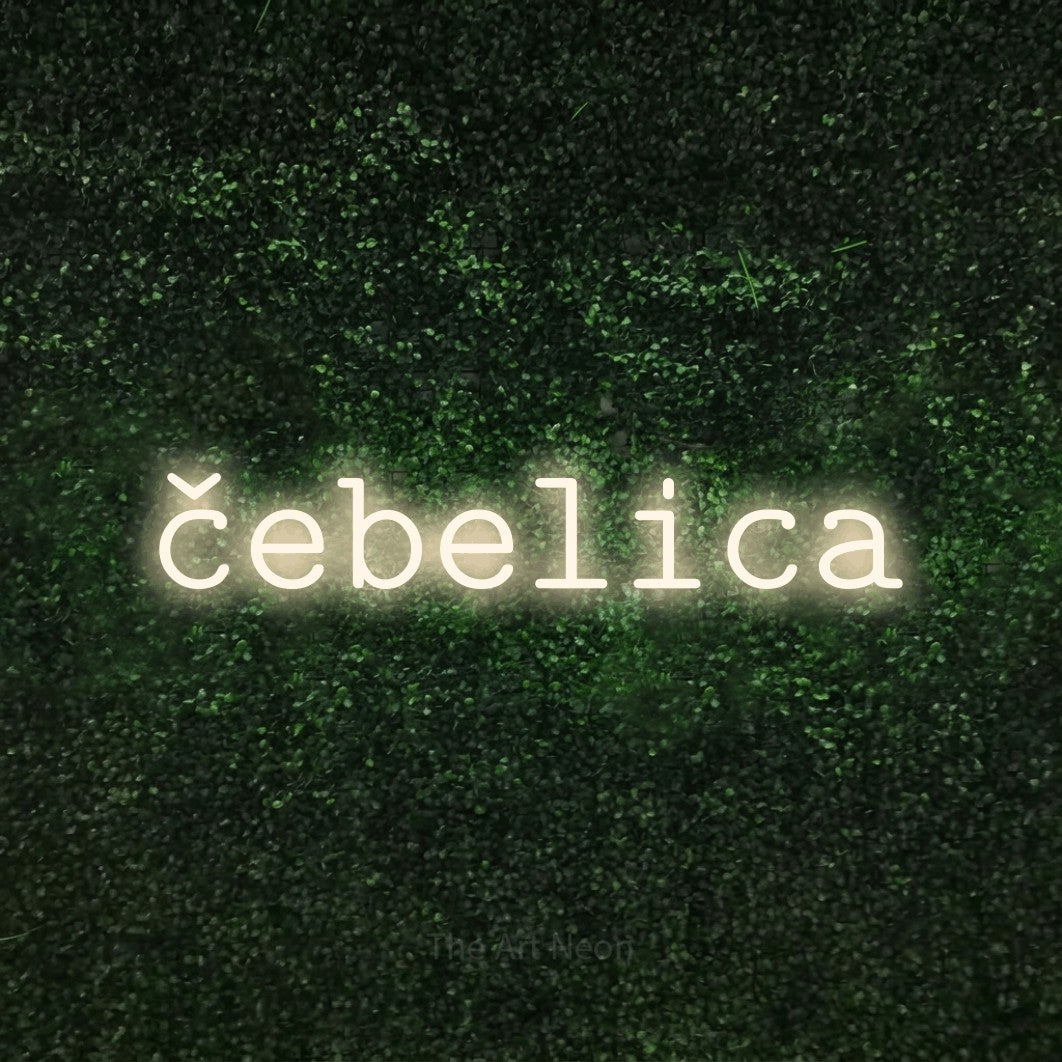 LED neon sign reading “čebelica”, arranged in a single line.