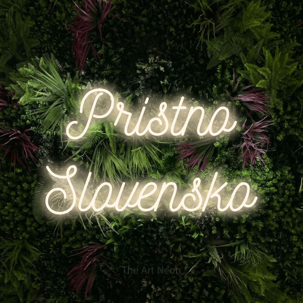 LED neon sign reading “Pristno Slovensko”, arranged in two lines.