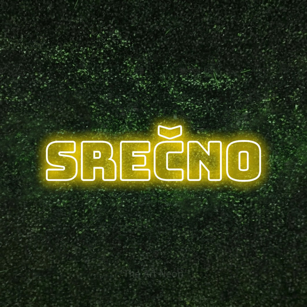 LED neon sign reading “Srečno”, arranged in a single line.