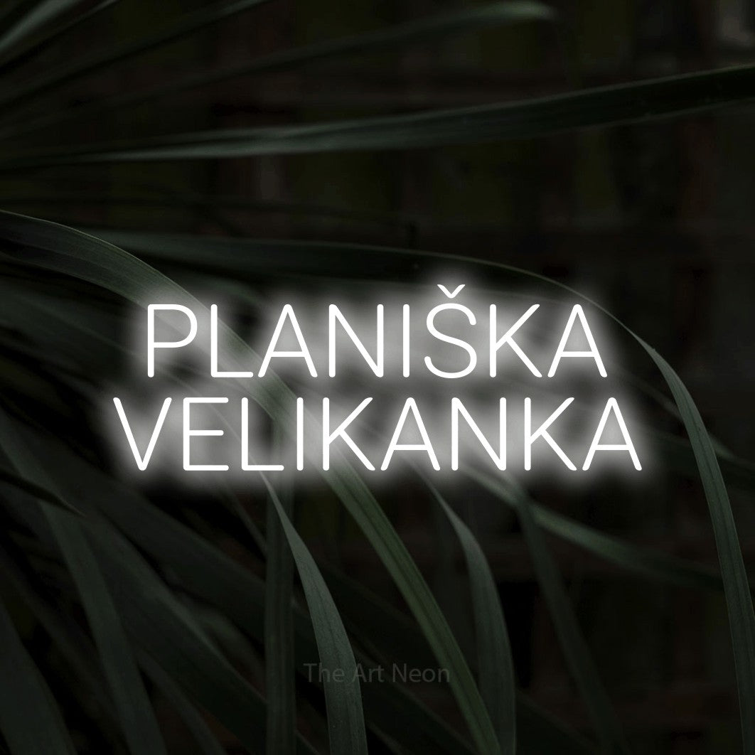 LED neon sign reading “PLANIŠKA VELIKANKA”, arranged in two lines.