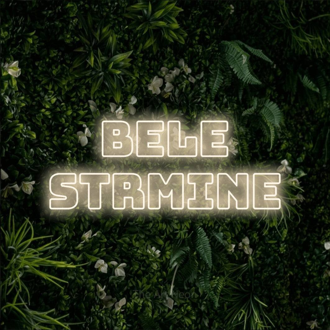 LED neon sign reading “bele strmine”, arranged in two lines.