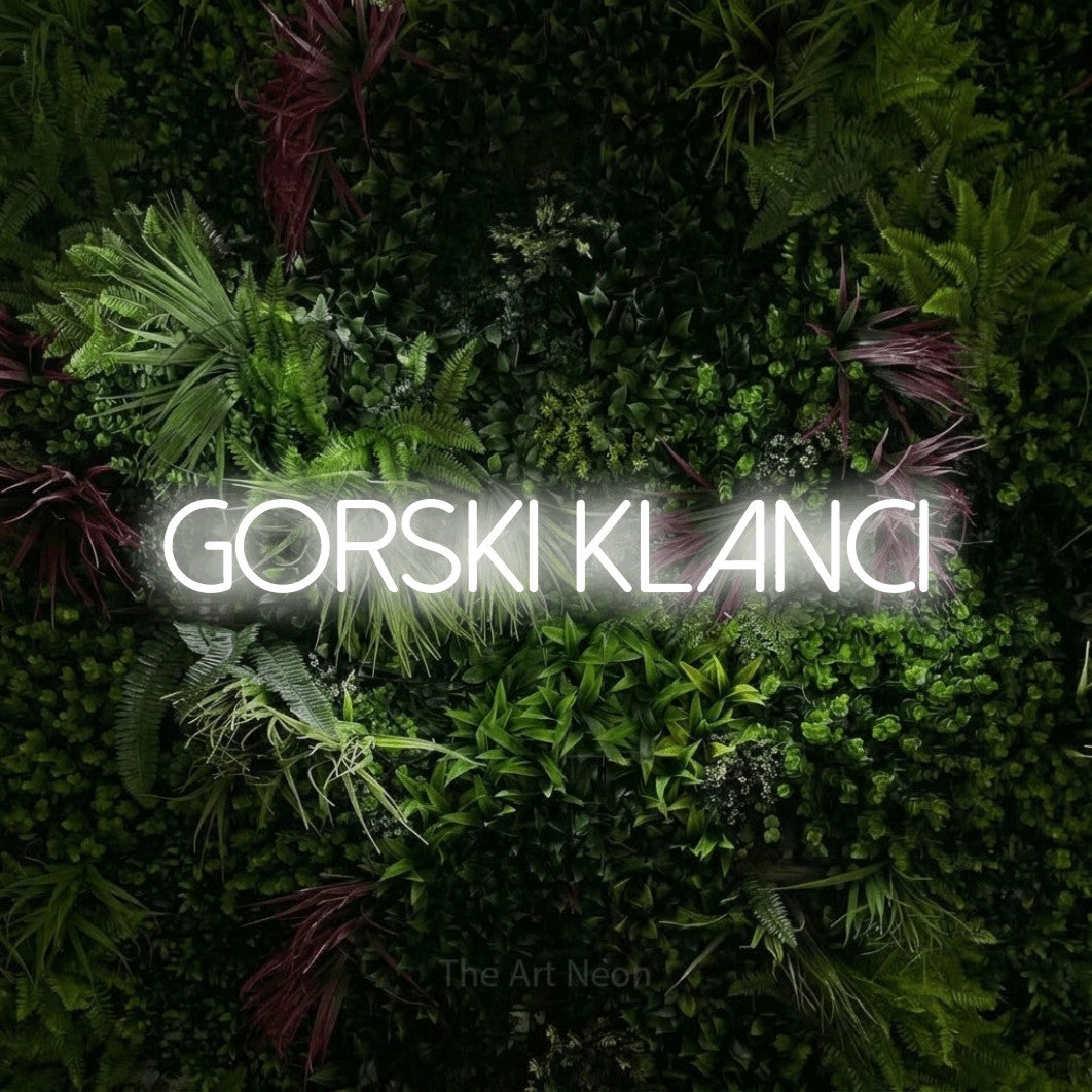 LED neon sign reading “gorski klanci”, arranged in a single line.