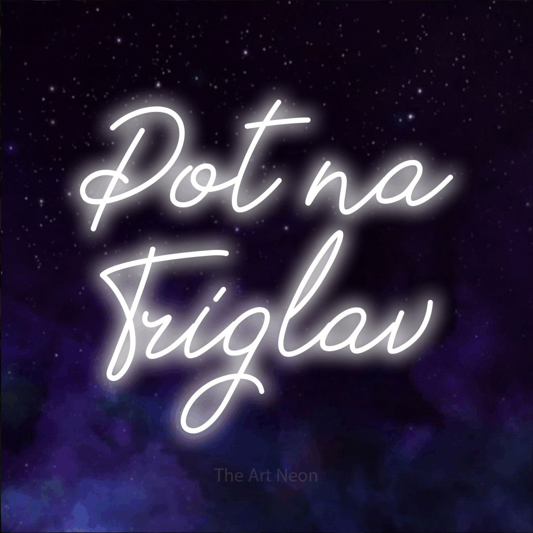 LED neon sign reading “Pot na Triglav”, arranged in two lines.