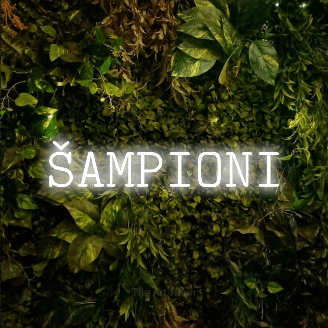 LED neon sign reading “ŠAMPIONI”, arranged in a single line.