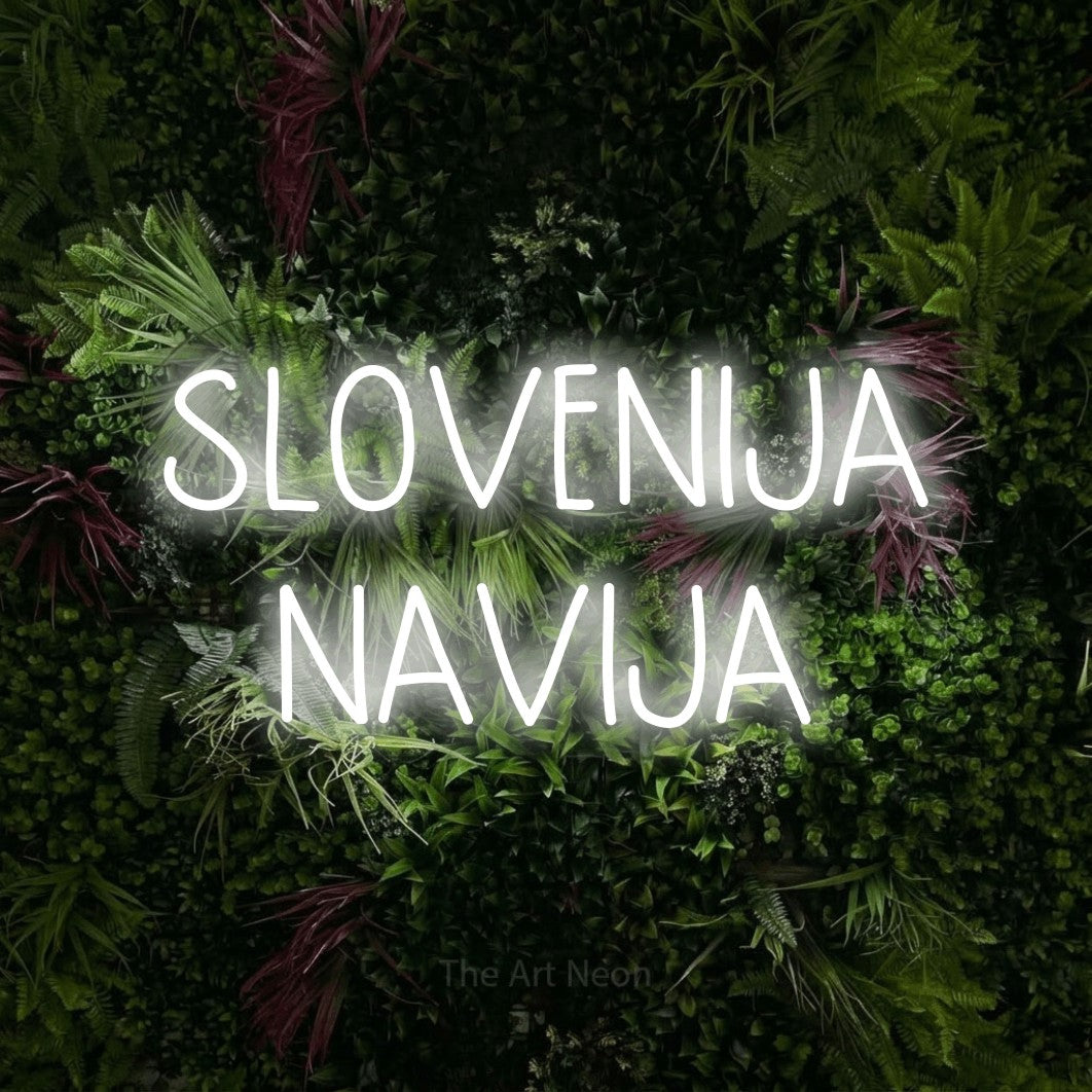 LED neon sign reading “SLOVENIJA NAVIJA”, arranged in two lines.