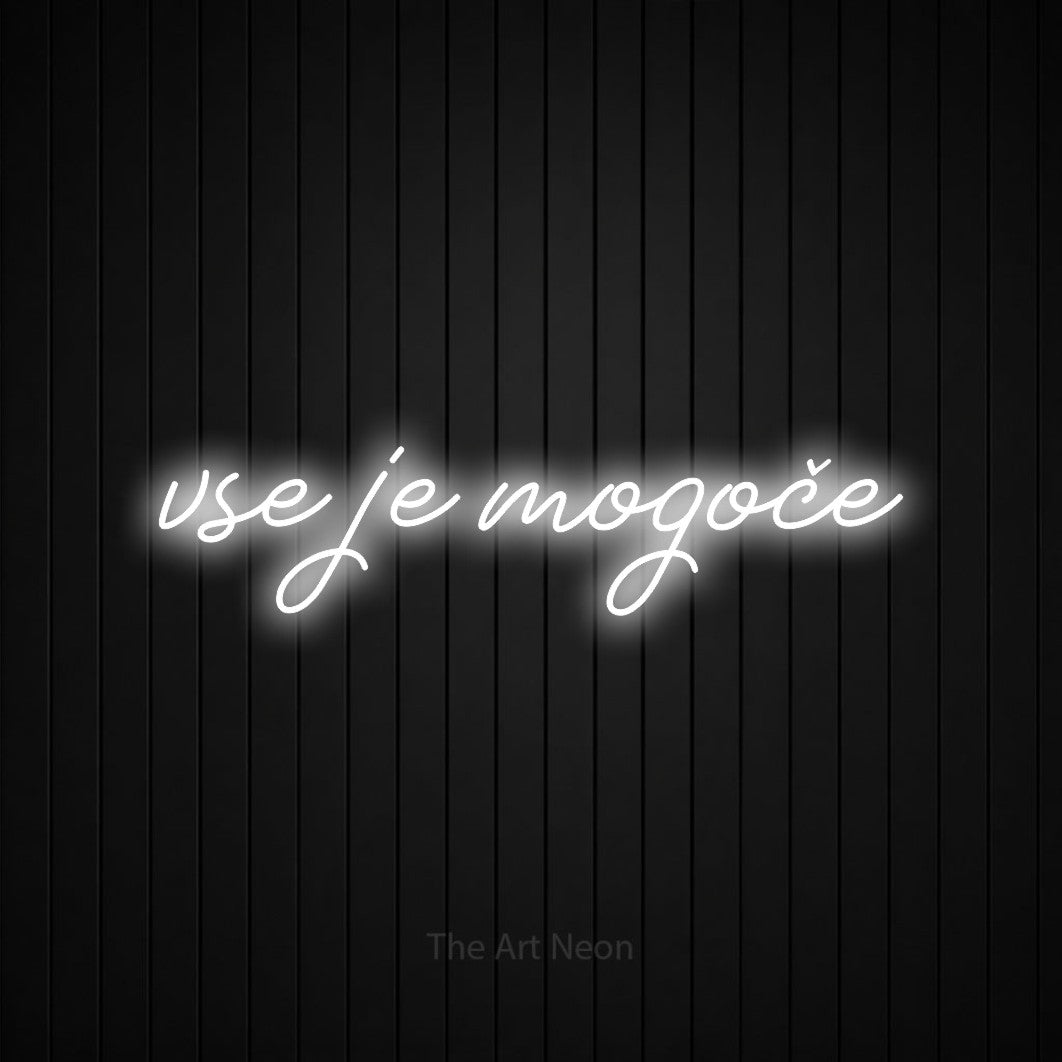LED neon sign reading “vse je mogoče”, arranged in a single line.