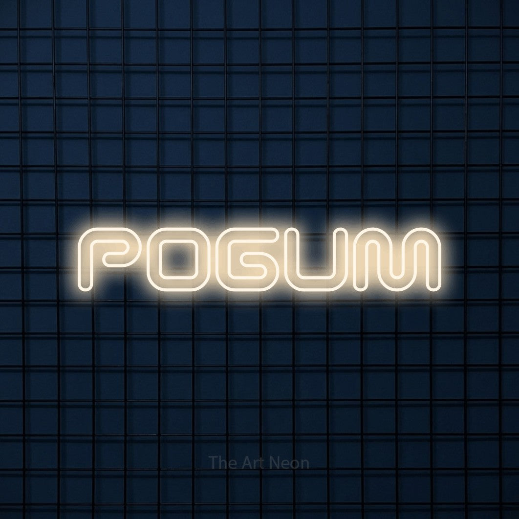 LED neon sign reading “POGUM”, arranged in a single line.