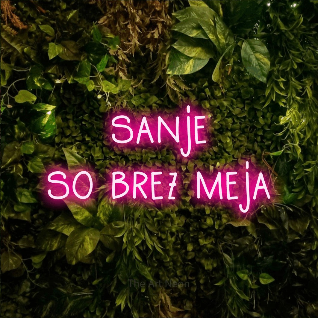 LED neon sign reading “sanje so brez meja”, arranged in two lines.