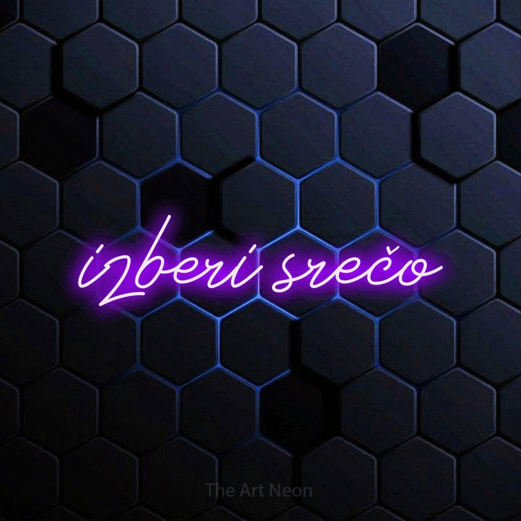 LED neon sign reading “izberi srečo”, arranged in a single line.